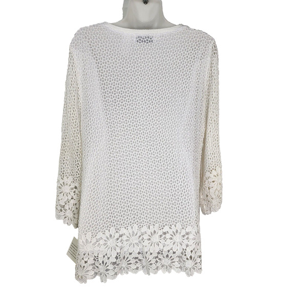 Alfred Dunner Tunic Top Womens Medium White Open Crochet 3/4 Sheer Sleeve Lined - Picture 2 of 9